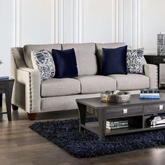 Stickney Light Gray/Navy Sofa - Ornate Home Light Grey Sofa, Navy Cushions, Sofa Navy, Dark Gray Sofa, Light Gray Sofas, Navy Sofa, Box Seat, Grey Sofa, Navy Accents