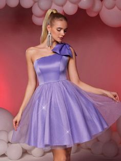 Morado Fiesta Collar sin mangas Tela tricotada Liso,Estampado Integral Entallado y acampanado Embellished No-Elástico Purple Cute, Purple Party, Womens Prom Dresses, Prom Dresses For Teens, Vestidos Prom, Big Bow, Hoco Dresses, Big Bows, Prom Dresses Short