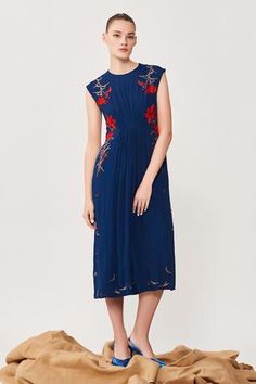 Shop for Shahin Mannan Blue Viscose Crepe Lilies Embroidered Gathered Dress for Women Online at Aza Fashions Blue Floral Embroidered Midi Dress For Evening, Blue Floral Embroidery Midi Dress For Evening, Blue Floral Embroidered Knee-length Midi Dress, Blue Floral Embroidery Midi Dress, Blue Floral Embroidery Knee-length Midi Dress, Blue Fitted Midi Dress With Floral Embroidery, Blue Floral Embroidered Dress For Evening, Elegant Blue Midi Length Embroidered Dress, Blue Floral Print Embroidered Midi Dress