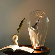 an open book on a table next to a glass vase with a plant in it