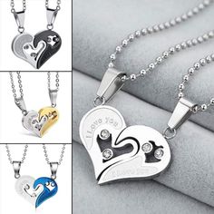 Maya's Grace Two Pieces Stainless Steel Heart Shaped with I Love You Message Pendant and Couple Matching Necklace Special couples silver necklace is a great way to express your deep love with your significant other. One Silver half heart puzzle pendant with paired with Blue, Silver, Gold or Black half heart pendant with silver chain. Necklaces come in pairs, 20 in length chain made from durable stainless steel with luster silver finish. Perfect gift for your girlfriend/boyfriend, husband/wife fo Couples' Stainless Steel Heart Jewelry, Couples' Heart Shaped Stainless Steel Jewelry, Couples' Stainless Steel Heart-shaped Jewelry, Valentine's Day Couples Jewelry In White Gold, Valentine's Day Couples White Gold Jewelry, Valentine's Day Couples' White Gold Jewelry, Couples' Heart Charm Jewelry For Valentine's Day, Heart-shaped Necklace For Mother's Day Promise, Couples' Valentine's Day Jewelry With Heart Charm