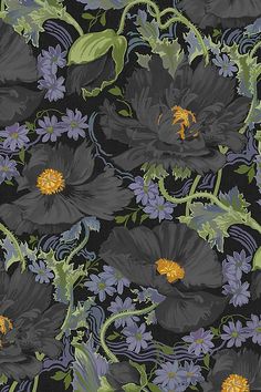 black flowers with yellow centers and green stems on a dark background that is drawn by hand