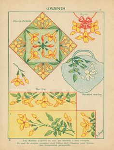 an old book with flowers and vases on the cover, in different colors from green to yellow