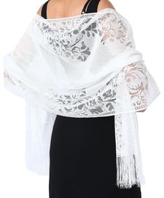 PRICES MAY VARY. Made from polyester, this delicate lace shawl and wrap boasts a soft and luxurious texture. The intricate lacework adds an element of romance, making it the perfect complement to your formal/party dresses or casual outfits. Size: 185*63cm/73”*25”; Our lace evening shawl is generously sized to provide ample coverage and versatility in styling. The dimensions ensure it drapes elegantly over your shoulders, creating a flattering and eye-catching silhouette. Intricate Lace Detailing Fitted Elegant Shawl With Lace Trim, Elegant Lace Trim Shawl For Weddings, Elegant Fitted Shawl With Lace Trim, Wedding Lace Shawl With Lace Trim, Elegant Wedding Shawl With Lace Trim, Elegant Lace Shawl Scarf, White Lace Shawl With Lace Trim, White Lace Shawl With Lace Work, Wedding Shawl With Lace Trim