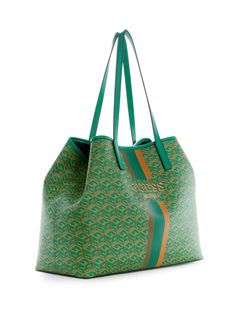 Carry it all in style with this spacious faux-leather tote featuring an updated logo print with striping and text details at center front. Shopping Shoulder Bag With Logo Hardware And Coated Canvas, Trendy Logo Print Tote Bag, Casual Shopping Bags With Logo Hardware, Green Tote Bag With Logo, Everyday Bags With Logo Print, Double Handle Logo Print Shopping Bag, Modern Green Bags With Logo, Double Handle Shopping Bag With Logo Print, Logo Print Tote Shoulder Bag For Shopping