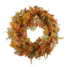 This wreath is sturdy and durable. The wreath base contains a round metal frame that prevents deformation and a pre-assembled loop on the back for easy hanging. Themed around the yellow leaves of autumn, this autumn leaf wreath is hand-crafted in rich orange faux eucalyptus, magnolia and maple leaves, paired with realistic berries and sage. It's perfect for front doors and porch walls. Easy to maintain, easy to clean and store, just lightly dust with a feather duster. Sturdy packaging ensures be Fall Leaves Wreath, Fall Front Door Decor, Magnolia Leaf, Fall Leaf Wreaths, Leaves Wreath, Faux Eucalyptus, Foliage Wreath, Eucalyptus Leaf, Artificial Eucalyptus