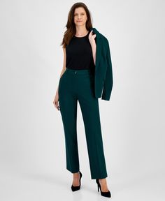 in stock Elegant Green Long Pants, Green Trousers For Work, Green Ankle-length Wide Leg Pants For Formal Occasions, Green High-waisted Dress Pants With Pockets, Formal Green Bottoms With Pockets, Green Formal Bottoms With Pockets, Elegant Green Bottoms With Pockets, Formal Green Ankle-length Wide Leg Pants, Green Straight Leg Formal Bottoms