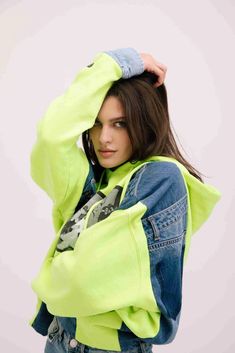 Neon green hoodie made from jeans pants Oversized Green Sporty Hoodie, Trendy Hoodie With Ribbed Cuffs, Green Sweatshirt With Pockets For Streetwear, Green Oversized Hoodie Sweatshirt, Oversized Green Hoodie With Double-lined Hood, Green Hooded Sweatshirt For Streetwear, Green Cotton Hoodie For Streetwear, Green Casual Hoodie For Streetwear, Oversized Green Hoodie For Streetwear