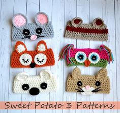 four crocheted animal headbands are shown in different colors and sizes, with the words sweet potato 3 patterns