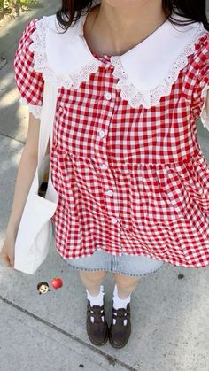 Outfits With Cute Socks, Overalls Cute Outfit, Styling Babydoll Dress, Puff Sleeve Outfit Ideas, Brown Jorts Outfit Women, Brown Doc Marten Mary Janes Outfit, Ruffled Socks Outfit, Gingham Skirt Outfit Summer, Gingham Set Outfit