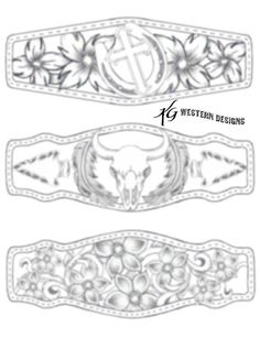 three different designs for the belt with flowers and leaves on each side, one in white