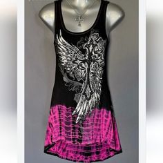 New Vocal Apparel Womens Crystal Embellished Black & Pink Tie Dye Cross Angel Wings Hi Low Shirt Tank Tunic The Crystals Are Incredibly Beautiful And Eye Catching. Pictures Don't Even Do Justice. If You Want To Get A Soft And Flowy Outfit That Gets You Compliments All Around, This Is The One For You!! This Is By Far One Of The Cutest Tops I Have Ever Had In My Store. It Is My Top Favorite Pick 95% Rayon 5% Spandex Edgy Pink Summer Tops, Edgy Pink Party Tops, Edgy Pink Tops For Party, Casual Pink Embellished Tops, Pink Punk Style Summer Tops, Flowy Outfit, Sublimation Ideas Projects Inspiration, Stage Outfit, Pink Tie