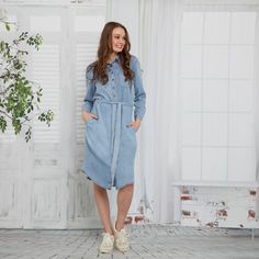 Experience effortless style with this denim dress. This button down summer dress is crafted from high-quality denim, offering comfort and durability. Perfect for any occasion, this dress is a must-have addition to your wardrobe. Elevate your look and feel confident in this versatile and chic piece! Medium Wash Button-up Dress For Daywear, Denim Blue Chambray Knee-length Dress, Knee-length Denim Blue Chambray Dress, Light Wash Chambray Denim Dress For Fall, Light Wash Knee-length Denim Dress, Knee-length Light Wash Denim Dress, Knee-length Washed Blue Denim Dress For Fall, Fall Knee-length Washed Blue Denim Dress, Light Wash Chambray Denim Dress For Day Out