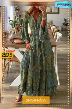 Women's Swing Dress Maxi Long Dress 3/4 Length Sleeve Print Summer Casual Green Maxi Long Dress, Dresses By Length, Dress Maxi, Long Maxi Dress, Swing Dress, Women's Fashion Dresses, Summer Casual, Long Dress, Length Sleeve