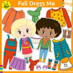 Create fall/autumn clothing resources with this Dress up kids clipart set, which has 180 total images! You can create with 12 different children (same in my spring, and summer dress me - products) and a great variety of clothes in different colors. All images have been created to fit the paper dolls included in the set. Multicultural kids with different skin colors, hair, and eyes. You can see the designs in the 4th thumbnail.* You will have to resize images a little to fit the clothes, please e Colors Hair, Autumn Clothing, Overall Skirt, Skin Colors, Girl Clipart, Kids Clipart, Autumn Dress, Art Dress, Skin Color