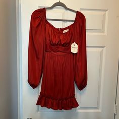 Altar’d State Red Satin Dress New With Tags Size M Fitted Burgundy Holiday Dress, Fitted Burgundy Dress For Holiday, Red Ruched Dresses For Fall, Fall Red Ruched Dress, Red Satin Dress, Altard State Dresses, Altar'd State, Red Satin, Satin Dress