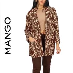 Mango Linen Blend Caramel/Brown Leaf Print Open Front Side Pockets Oversized Jacket Size Xxs Nwt Linen Blend Color: Caramel/Brown Leaf Print Open Front Side Pockets Very(!!) Oversized , Could Easily Fit Up To Size Medium Jacket Size Xxs . Oversized!!! Ptp 19” Sleeve 18.5” Length 30” Nwt Brown Outerwear With Pockets For Day Out, Oversized Brown Outerwear, Trendy Brown Outerwear With Pockets, Casual Brown Spring Outerwear, Brown Fall Outerwear For Day Out, Oversized Brown Fall Blazer, Casual Oversized Beige Blazer, Oversized Brown Blazer For Fall, Chic Oversized Brown Blazer