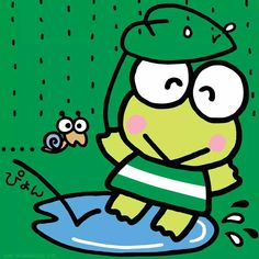 a cartoon frog wearing a green hat and scarf, standing in the rain with a bug nearby