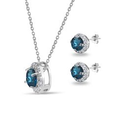 This classic jewelry set showcases round halo pendant necklace and matching stud earrings. The necklace showcases a sparkling round 6mm london blue topaz gemstone surrounded by a halo of white topaz stones. The pendant measures 9.9mm in diameter, it dangles from a thin 18-inch rolo chain. The stud earrings feature a pair of round 6mm london blue topaz gemstones surrounded by white topaz stones. The earrings measure 9mm in diameter, they secure with post and friction backs. The jewelry set is cra Turquoise Heart Necklace, Halo Necklace, Round Halo, Blue Topaz Gemstone, Turquoise Heart, Halo Pendant, Topaz Stone, Classic Jewelry, Rolo Chain