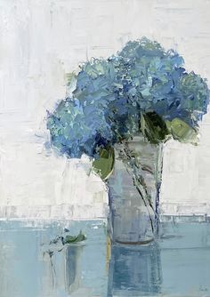 a painting of blue flowers in a vase