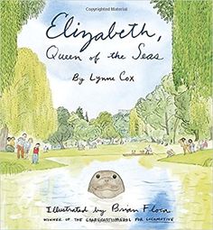 an illustrated book cover for elizabeth, queen of the seas by lynn cox with children in background