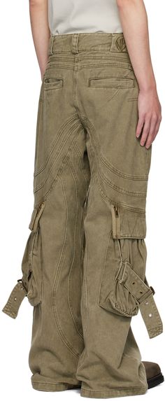 Loose-fit wide-leg non-stretch denim cargo pants. Fading throughout. · Paneled construction · Belt loops · Seven-pocket styling · Zip-fly · Zip pocket at legs · Gathering and pin-buckle strap at bellows pockets · Extended cuffs · Logo embroidered at back waistband · Logo-engraved antiqued gold-tone hardware Supplier color: Green Khaki Wide Leg Jeans With Multiple Pockets, Khaki Denim Bottoms With Side Pockets, Khaki Denim Utility Cargo Jeans, Khaki Denim Jeans With Cargo Pockets, Khaki Wide Leg Denim Pants, Wide Leg Khaki Denim Pants, Khaki Wide-leg Denim Pants, Khaki Denim Cargo Style Bottoms, Urban Style Wide Leg Khaki Cargo Jeans