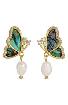 Easy-to-wear drop earrings will add significant polish to even your most casual ensembles. 1" drop Post back Goldtone plate/cubic zirconia/plastic/shell pearl Imported Earrings In Gold, Monarch Butterfly, Eye Candy, Nordstrom Rack, Cubic Zirconia, Gold Tones, Shells, Jewelry Earrings, Angeles