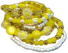 Yellow Bracelets With Colorful Beads, Yellow Bracelets With Colorful Round Beads, Yellow Beaded Bracelets With Colorful Round Beads, Trendy Handmade Yellow Bracelets, Handmade Trendy Yellow Bracelets, Yellow Beaded Necklaces With Large Beads For Summer, Summer Yellow Beaded Necklaces With Large Beads, Trendy Yellow Beaded Jewelry, Trendy Yellow Beaded Necklaces With Round Beads