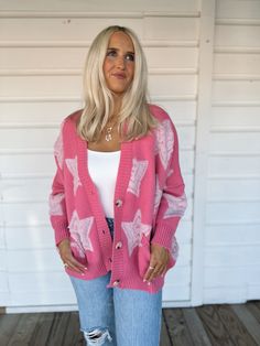 Adorable Hot pink cardigan with star detailing and buttons on front Model is 5'7" with a 28" waist, 34" bust, and 36" hips wearing a small Pink Cardigan For Fall Loungewear, Oversized Star Print Sweater, Hot Pink Cardigan, Star Sweater, Pink Vibes, Pink Cardigan, Free Giveaway, Hot Pink, A Small