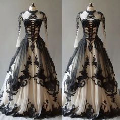 two pictures of a dress with black and white lace on the bottom, one is long sleeve