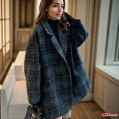 Qteee - Loose Checkered Thickened Wool Overcoat with a Rugged Floral Design Chic Winter Coat, Suit Jackets For Women, Wool Overcoat, Dress Tutorials, Tweed Coat, Sleeves Clothing, Oversized Coat