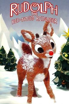 rudolph the red - nosed reindeer is standing in front of a christmas tree with snow on it