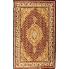 a red and gold rug with an ornate design on the bottom, in front of a white background