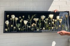 a person holding up a framed display with white flowers on it's side and one hand reaching for the flower