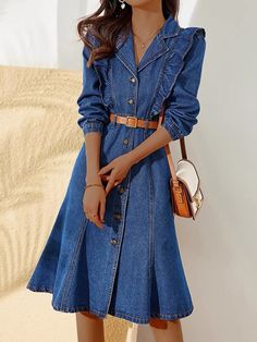 DescriptionSPU:OVW274172Material:DenimStyle:Casual/SweetElement:Belt/Button Design/RuchedType:Stitching Way/Solid ColorElastic:NO(Nonelastic)Fit Type:RegularNeckline:Turn-back CollarWaist Type:High WaistSilhouette:A Line*The item does not include any accessories in the picture, unless stated otherwise in the product description.Size chartSizeShoulderBustWaistSleeve LengthDresses LengthCMINCHCMINCHCMINCHCMINCHCMINCHS36.014.1791.035.8374.029.1357.522.6491.536.02M37.014.5795.037.4078.030.7158.523.0393.036.61L38.014.9699.038.9882.032.2859.523.4394.537.20XL39.515.55105.041.3488.034.6559.523.4396.037.80 Pleated Denim, Horse Dress, White Swimwear, Denim Dresses, Women Sweaters Winter, Linen Casual, Floral Denim, Leggings Casual, Casual Sets