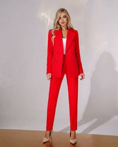 2-piece Womens Blazer Trouser Suit for office, business meetings, formal events and special occasions. Also perfectly combines with sneakers so after a long and tiring business day you can change you heels to sneakers and still look chic. DETAILS -  chinos pants -  slim fit  -  cropped  -  high rise -  blazer is buttoned -  lined -  side pockets -  slim fit -  double breasted -  notch lapel MATERIAL Premium quality suiting fabric, which consists of viscose mostly and a bit of polyester and elastane  SIZES The models in photos are wearing a size S Available in 4 sizes: XS= 0 US numeric  BUST 32-34 inches or 82-86 cm WAIST 23-24.8 inches or 59-63 cm HIPS 33-35 inches or 86-90 cm S = 2 US numeric  BUST 34-35 inches or 86-90 cm WAIST 25-26 inches or 63-67 cm HIPS 35-37 inches or 90-94 cm M = 4 Red Pants Suit For Women, Red Power Suit Women, Tailored Red Dress Pants For Formal Occasions, Long Sleeve Office Lady Sets For Business Meetings, Elegant Tailored Red Dress Pants, Elegant Long Sleeve Sets For Business Meetings, Solid Color Office Lady Pantsuit, Elegant Fitted Red Dress Pants, Red Elegant Formal Dress Pants