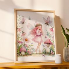 a painting of a fairy with pink flowers and butterflies