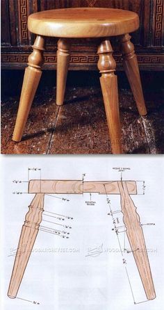 a wooden bench sitting on top of a floor next to a drawing of a chair