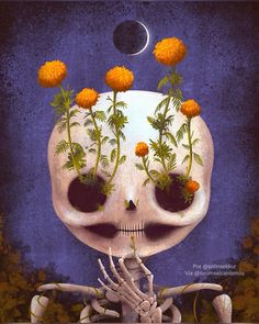 a painting of a skeleton with flowers growing out of it's head and the moon in the background