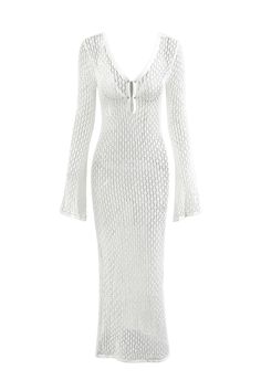 Radicalize your wardrobe with this Y2K-inspired maxi dress! The white knitted fabric and daring V-neck cut make it an ultra-sleek look, while the flared full sleeves and backless design make it a statement piece. Look hot AF in this fire dress! White Maxi Dress For Winter Evening, White Maxi Dress For Evening In Winter, White V-neck Stretch Maxi Dress, White Stretch V-neck Maxi Dress, White Winter Maxi Dress, White Bell Sleeve Party Dress, White Stretch Long-sleeve Maxi Dress, White Long Sleeve Stretch Maxi Dress, White Long Maxi Dress For Evening