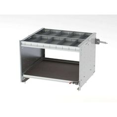 an open metal shelf with trays on it's sides and two shelves in the middle