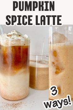 Pumpkin spice latte served three ways: hot, iced, and as a frappuccino.