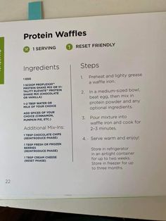 the instructions for protein waffles are displayed