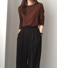 Cute Outfits With Black Dress Pants, Work Clothes Ideas Business Casual, Korean Casual Office Outfit, Korean Classic Outfits For Women, Formal Casual Korean Outfits, Brown Shirt With Black Pants, Dark Academia Office Wear, Dark Academia Outfit Formal, Dark Academia Outfit Simple