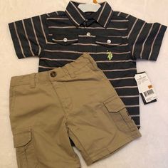 **Brand New With Tags** 2-Piece Set With Button Down, Collared Shirt Plus Khaki Shorts With Lots Of Pockets And Elastic Waist Playwear Sets With Pockets And Short Sleeves, Short Sleeve Sets With Pockets For Playwear, Casual Khaki Cotton Sets, Casual Playwear Sets With Pockets, Casual Playtime Sets With Pockets, Us Polo, Lots Of Pockets, Khaki Shorts, Collared Shirt