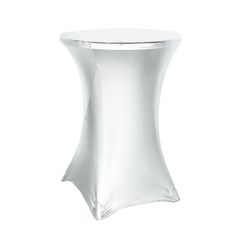 a white table topped with a shiny glass vase filled with liquid or water on top of it