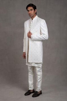 Shop for RNG Safawala White Embroidered Jacket And Kurta Set for Men Online at Aza Fashions Embroidered Buttons, Silk Pant, Kurta Set For Men, Open Jacket, Silk Kurta, Sequin Embroidery, Open Sleeve, Dupion Silk, Floral Jacket