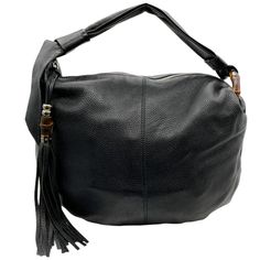 Gucci Black Leather Hobo Bag With Tassel And Bamboo * Entrupy Verified * Condition: Very Good Condition Interior Condition: Very Good Condition Material: Leather Includes: N/A Country Of Origin: Italy Measurements: 16"L X 5"W X 13.5"H Exterior Pockets: None Interior Pockets: One Zippered Pocket, Two Open Pockets Handles: Leather Handle Handle Drop: 6" Closure: Top Zipper Interior Lining: Canvas Hardware: Silver Tone Model: Other Color: Black Category: Bags Subcategory: Handbags Sub Sub Category: Bag With Tassel, Leather Hobo Bag, Gucci Black, Leather Hobo, Hobo Bag, Leather Handle, Gucci Bag, Black And Brown, Tassels