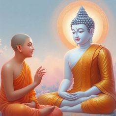 two buddhas sitting on the ground in front of each other with their hands together