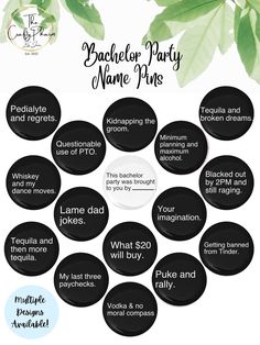 the bachelor party game plan is shown in black and white with green leaves on it